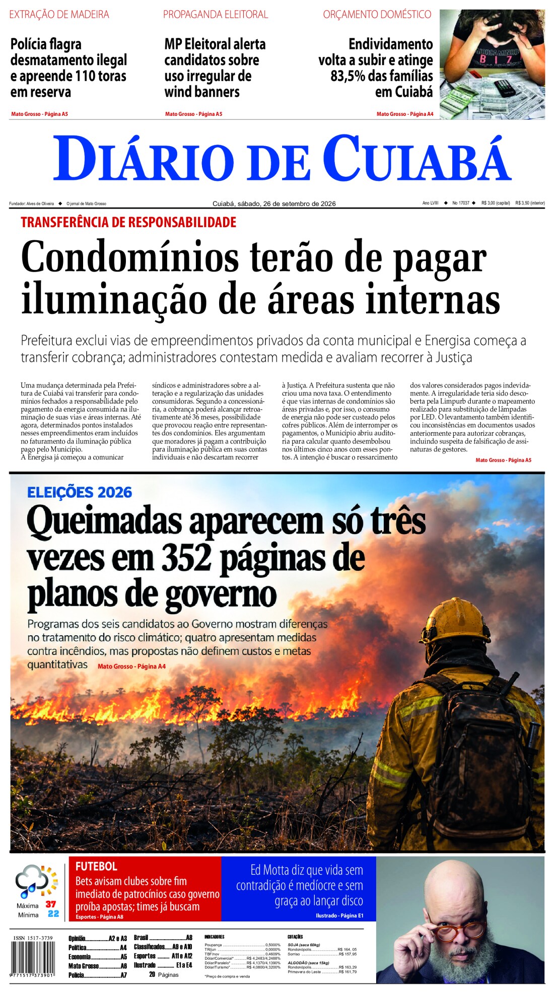 Capa do jornal Diário de Cuiabá de 26/09/2026