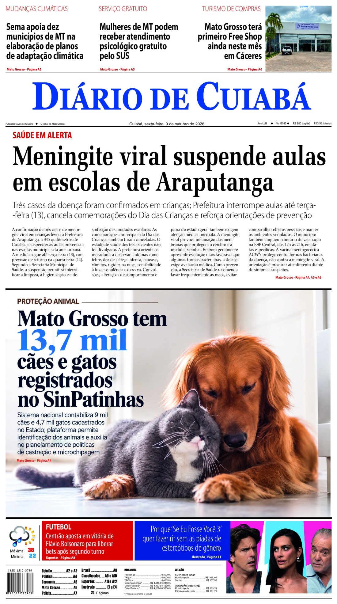 Capa do jornal Diário de Cuiabá de 09/10/2026