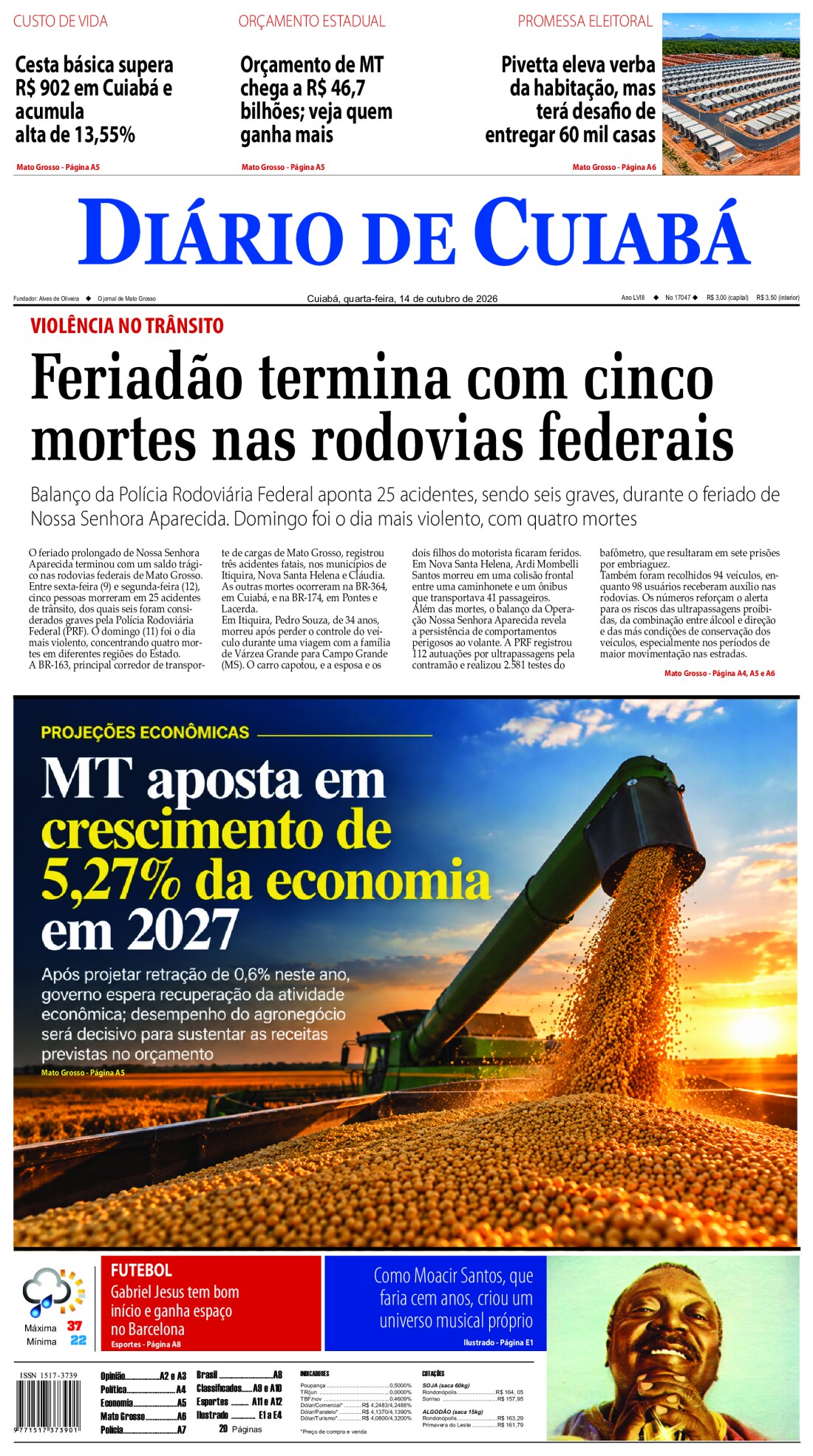 Capa do jornal Diário de Cuiabá de 14/10/2026