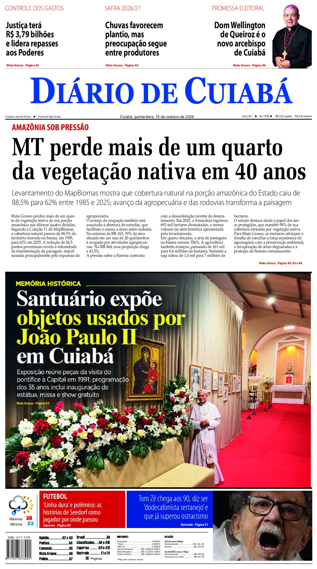 Capa do jornal Diário de Cuiabá de 16/10/2026