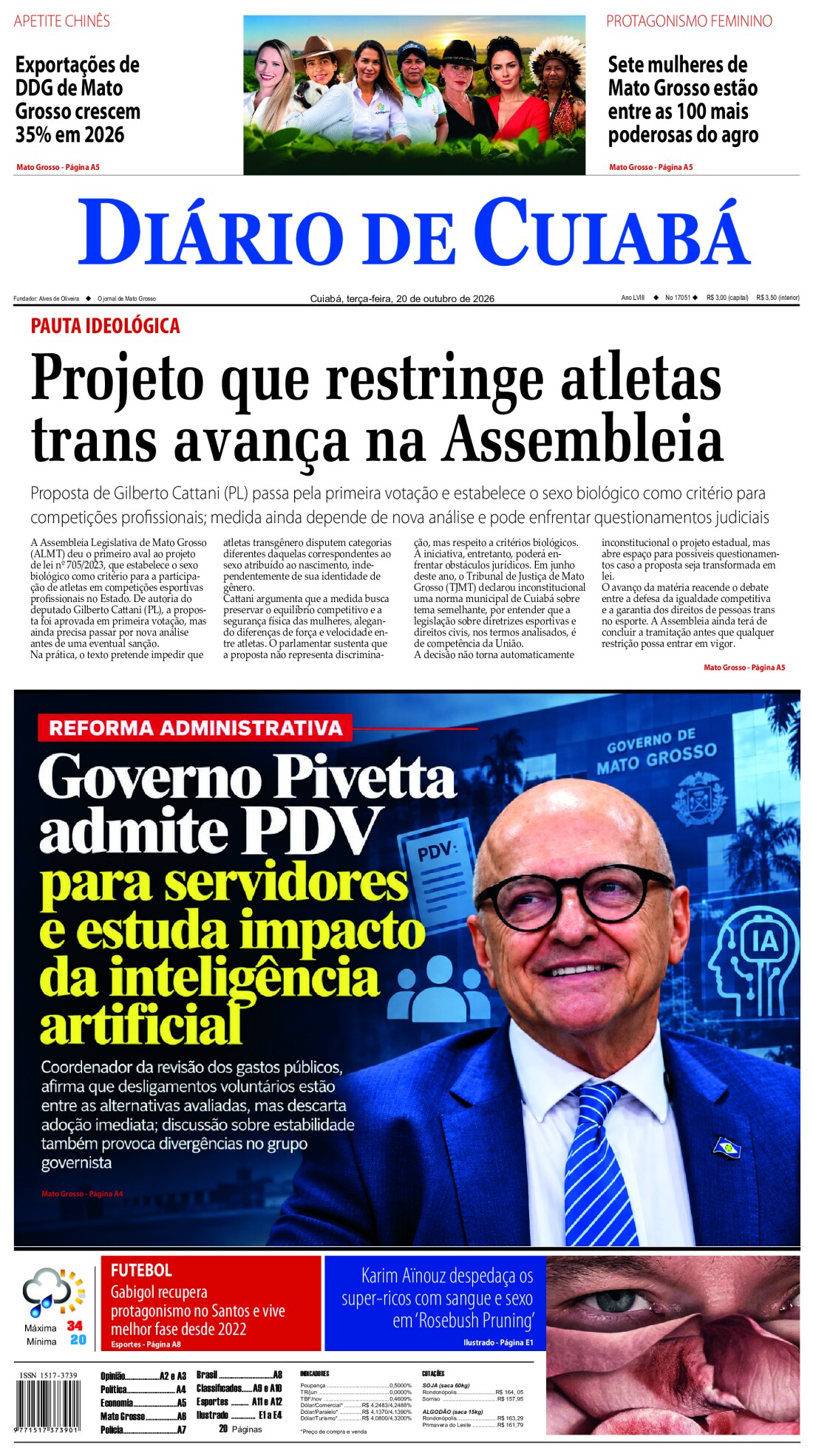 Capa do jornal Diário de Cuiabá de 20/10/2026